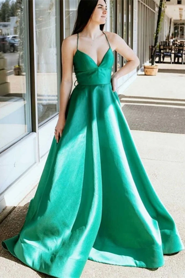 Simple V Neck Green Satin Long Prom Dresses, V Neck Green Formal Graduation Evening Dresses KPP1386