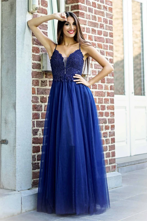 Exquisite Spaghetti Straps A line Prom Dresses Tulle Appliqued Gowns KPP1431