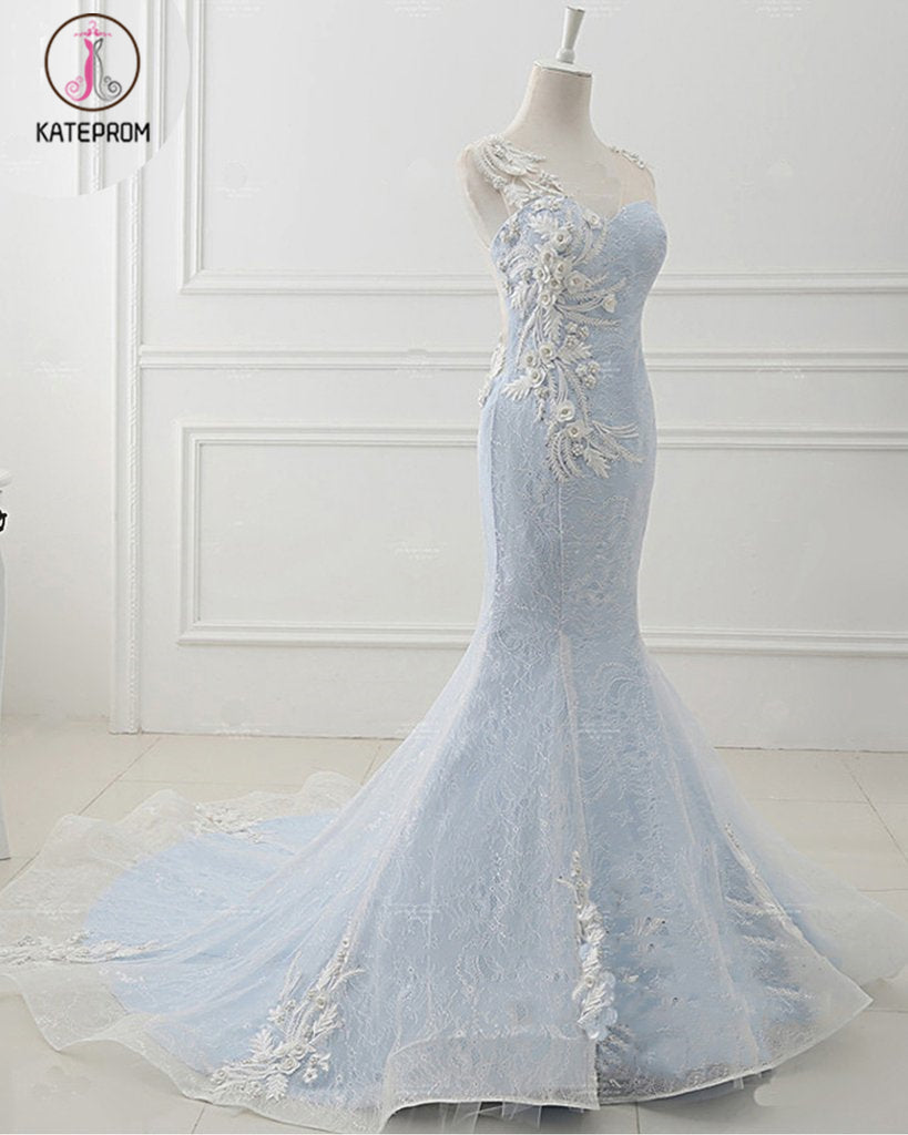 Baby Blue Sweep Train Lace Mermaid Evening Dresses, Formal Dress With Applique KPP0738