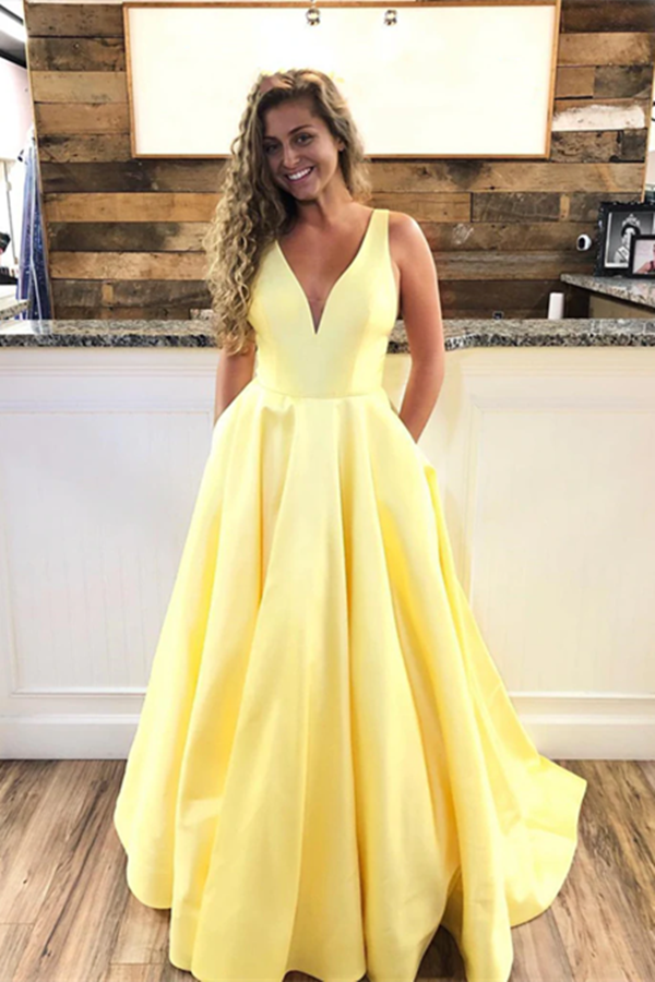 A Line V Neck Yellow Prom Dresses, Yellow V Neck Formal Graduation Evening Dresses KPP1567