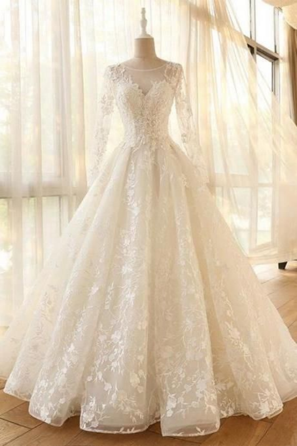 Fabulous Mesh Neckline Long Sleeves A Line Wedding Dress With Lace Appliques Flowers Long Sleeves KPW0726