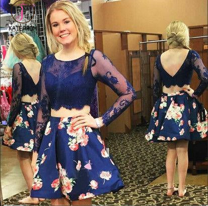 Royal Blue Two Piece Bateau Long Sleeves Floral Short Homecoming Dress with Lace KPH0347
