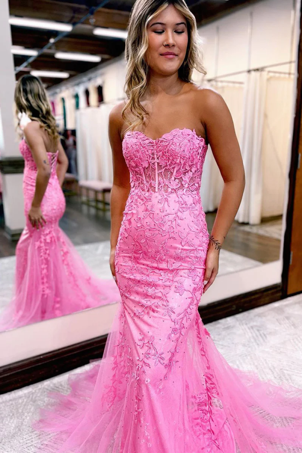 Cute Mermaid Sweetheart Pink Lace Long Prom Dresses with Beading KPP1773
