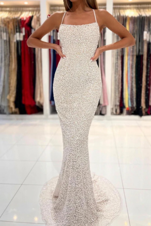 Spaghetti Straps Pearl White Prom Dresses Sparkly Sheath Formal Dress KPP1663