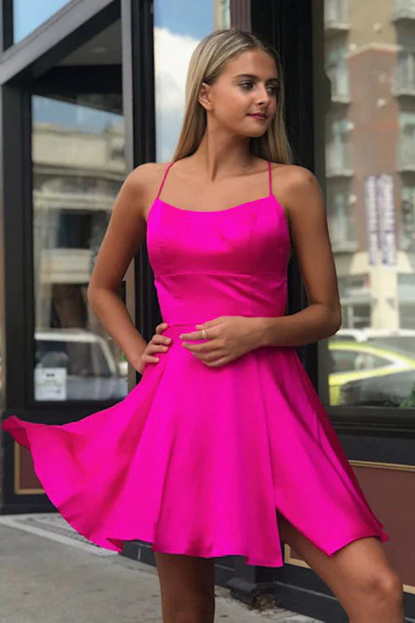 Fancy Spaghetti Straps Fuchsia Above Knee Split Homecoming Dresses KPH0613