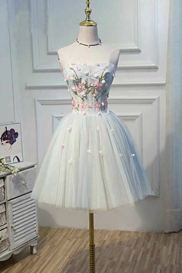 Cute Blue Strapless Tulle Homecoming Dresses with 3D Flowers Lace up Dance Dresses KPH0599