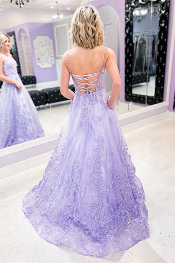 A line Spaghetti Straps Lace Tulle Purple Long Prom Dress Applique Evening Dress KPP1532