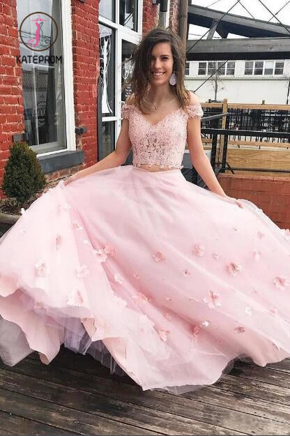 Two Piece Floor Length Tulle Prom Dress with Lace, Long Off the Shoulder Dress with Flower KPP1003