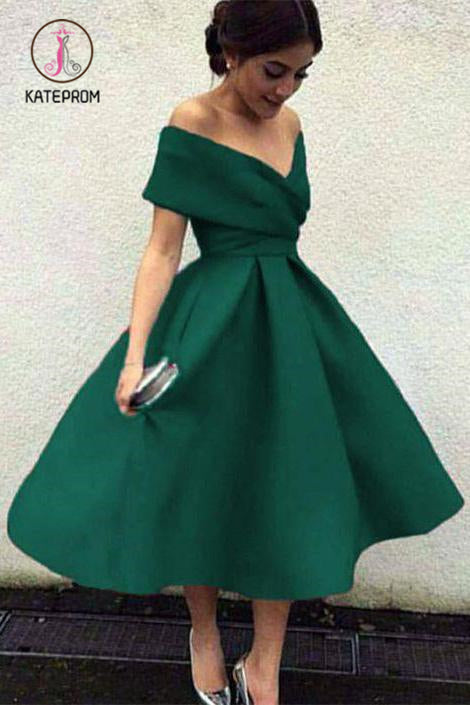 Green Off the Shoulder Tea Length Satin Homecoming Dress, Cute Senior Prom Dress KPP0869