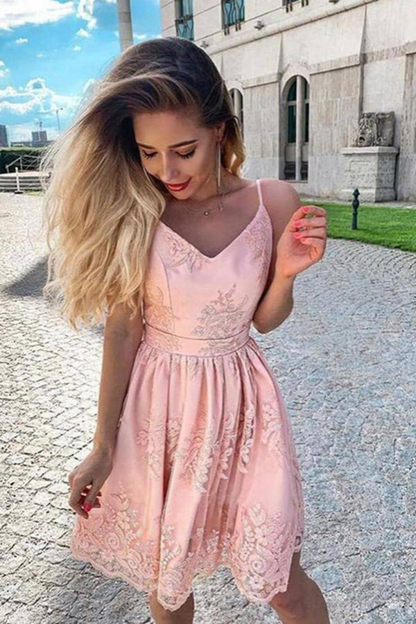 Blush Pink Lace A line V neck Spaghetti Straps Homecoming Dresses KPH0556