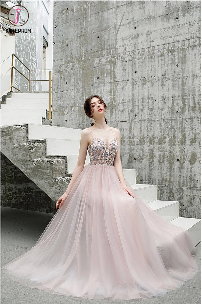 A Line Floor Length Spaghetti Straps Tulle Prom Dress with Beads KPP1289