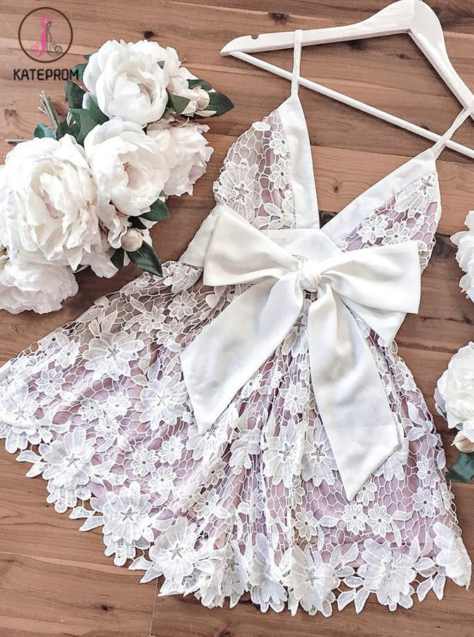 A Line Deep V Neck Mini Homecoming Dress, Sexy Spaghetti Straps Lace Party Dress KPH0371