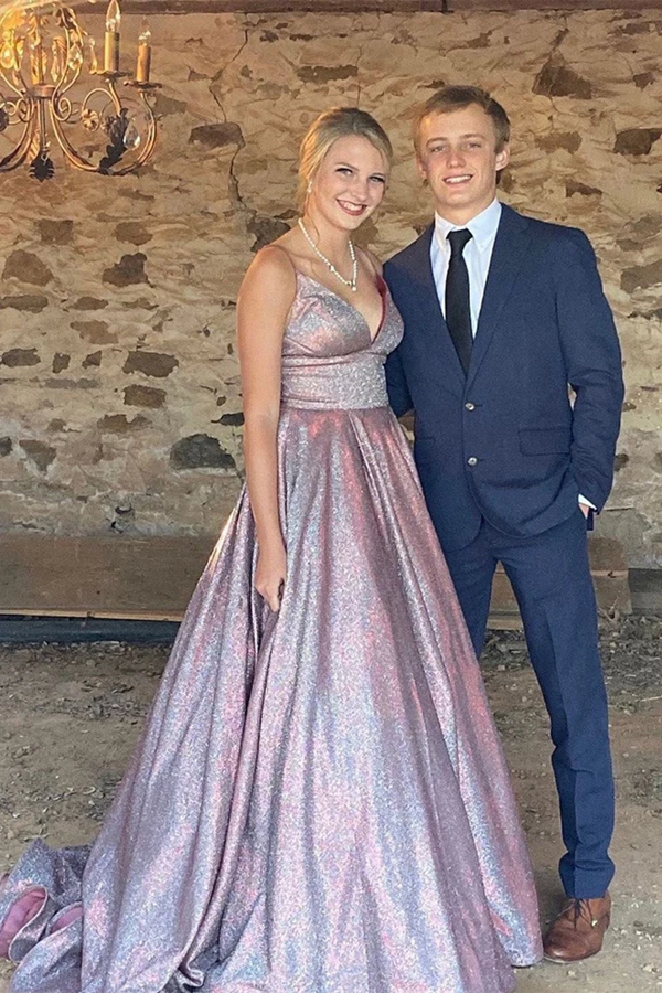 Shiny A line V neck Spaghetti Straps Long Prom Dresses, Formal Dresses KPP1483