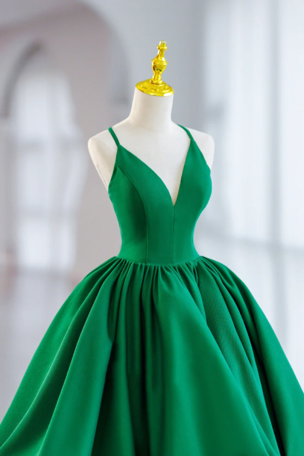 Green Satin Short A Line Prom Dress, Green V Neck Party Dress KPH0712