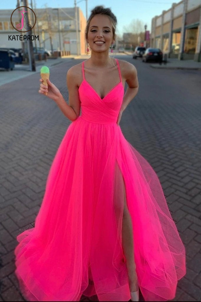 Spaghetti Straps Tulle Prom Dress, Floor Length V Neck Split Party Dresses KPP1216