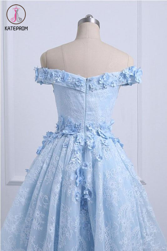 A Line Off Shoulder High Low Lace Homecoming Dresses, Appliqued Lace Party Dresses KPH0426