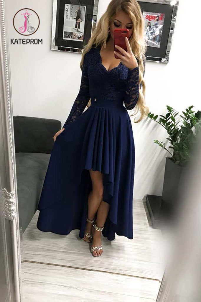 High Low Long Sleeves V Neck Prom Dress, Dark Blue A Line Graduation Dress with Lace KPP0885
