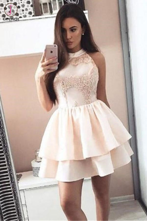 A Line Sleeveless Mini Homecoming Dresses, Short Two Layers Prom Dress with Appliques KPH0450