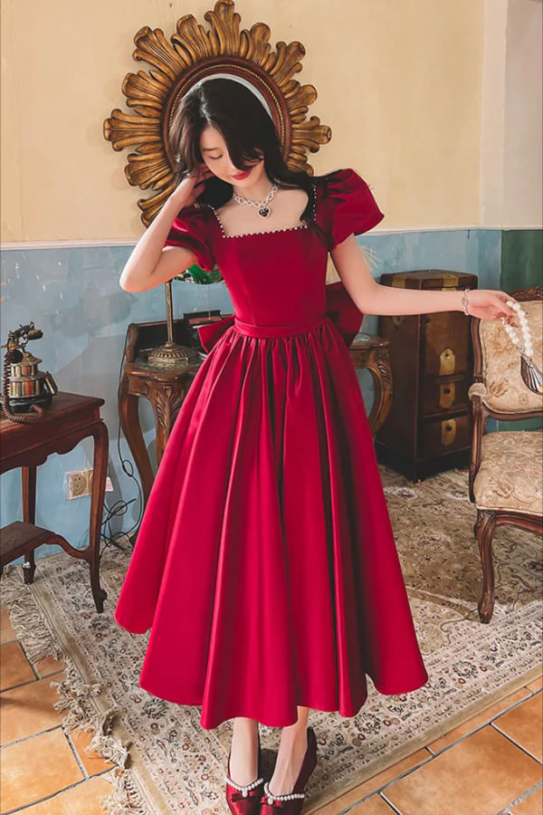 A Line Satin Short Sleeve Prom Dresses with Bow KPH0682