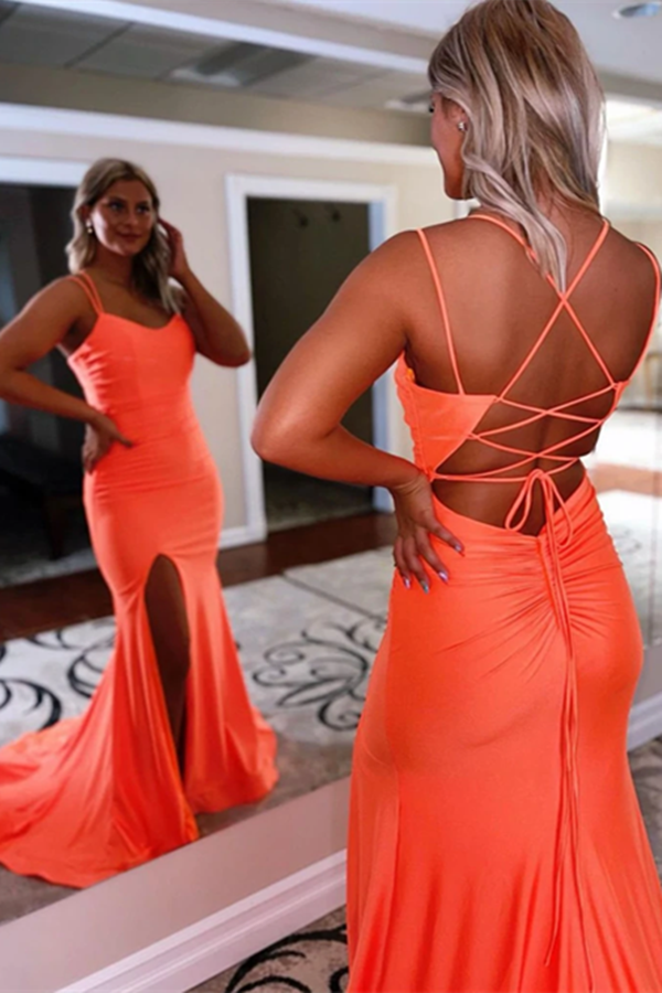 Chic A line Simple Double Spaghetti Straps Blue Prom Dresses Split Long Evening Dresses KPP1507