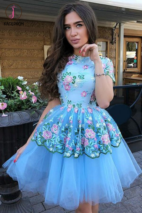 A-Line Jewel Short Sleeves Blue Tulle Above Knee Homecoming Dress with Lace Flowers KPH0405