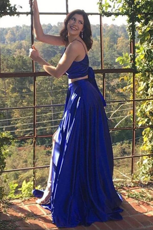 Cute Two Piece Floor Length Royal Blue Prom Dresses With Front Split KPP1388