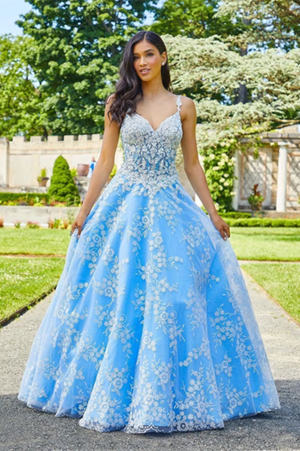 Chic A line Spaghetti Straps V neck Long Prom Dress Tulle Applique Evening Dress Formal Dress KPP1499