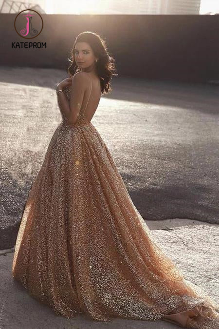 Glitter A Line Elegant Long Prom Dress, Spaghetti Straps Evening Party Dresses KPP1042