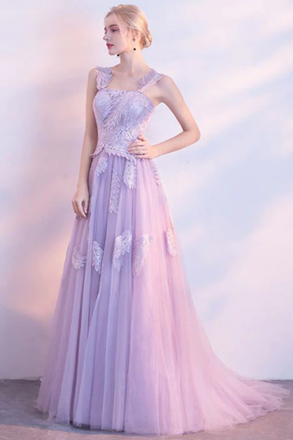 Chic Lilac Prom Dress A line Applique Modest Long Prom Dress Evening Dress KPP1613
