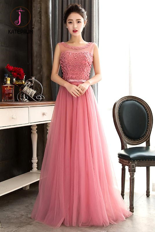 Pink Sleeveless Prom Dress with Flowers, A Line Floor Length Tulle Evening Dress KPP0941
