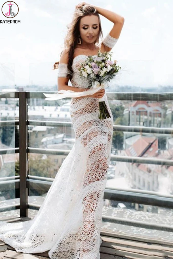 Elegant Sweetheart Lace Strapless Mermaid Ivory Wedding Dresses, Long Bridal Dresses KPW0604
