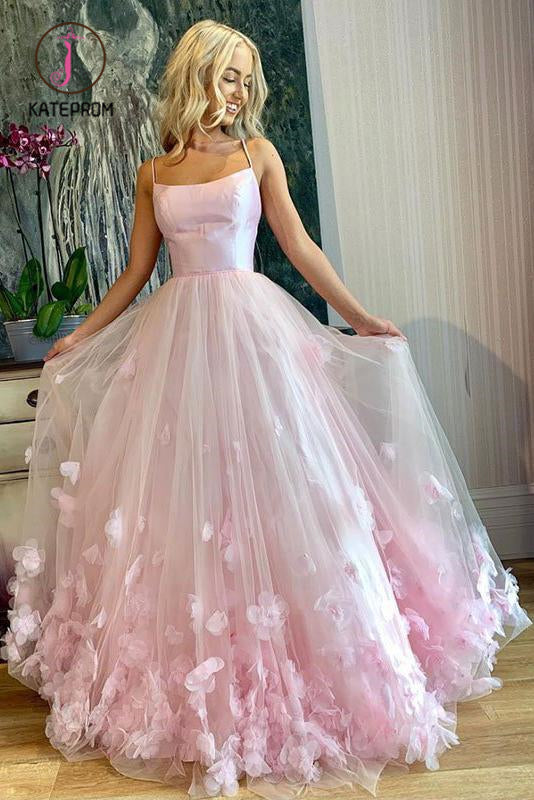 Pink Tulle Spaghetti Straps Sweet 16 Prom Dress, Floor Length Tulle Formal Dress KPP0984