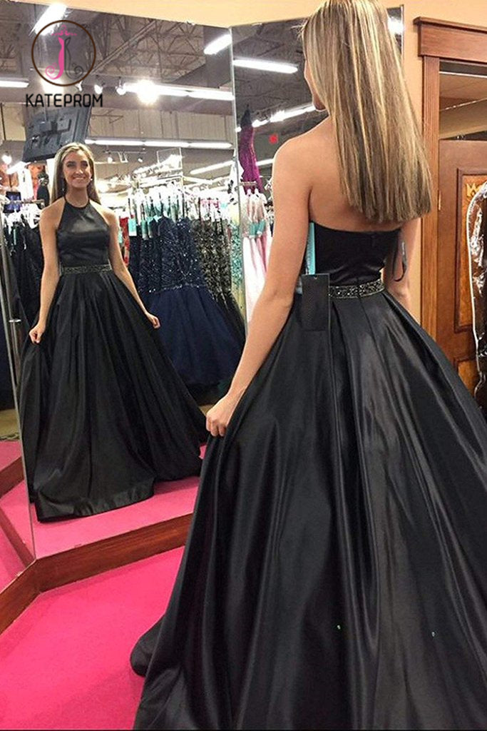 Black Halter Satin Prom Dress with Beading, Long Evening Dress with Pockets KPP0994