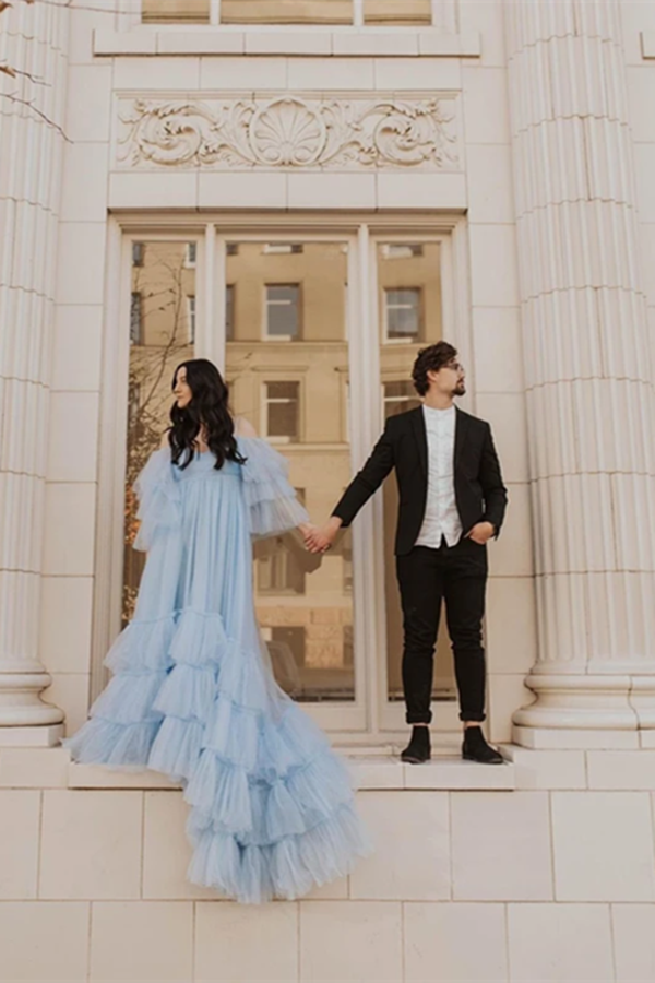 Elegant Spaghetti Straps Off The Shoulder Long Sleeves Tiered Tulle Sweep Train Prom Dresses KPP1396