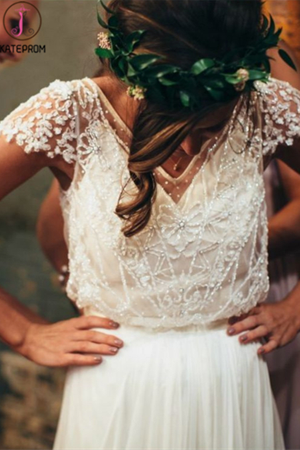 Charming Cap Sleeves Floor Length Chiffon Wedding Dress with Beading KPW0707