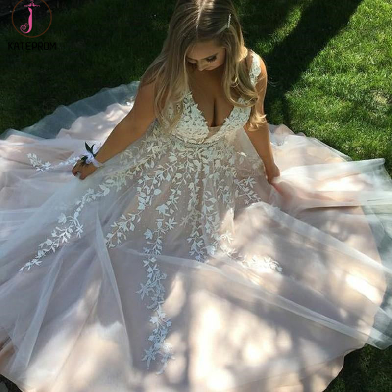 A-Line V Neck Light Gray Princess Tulle Long Prom Dresses With Bead KPP1257