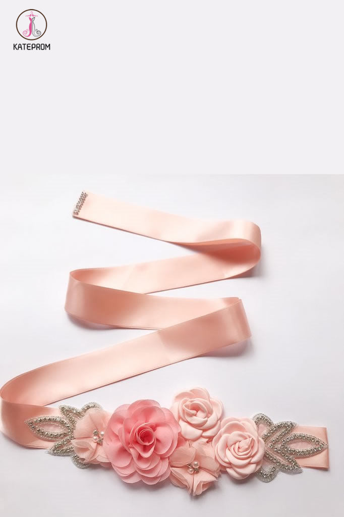 Rose Flower Rhinestone Pearls Wedding Sash KPS0003