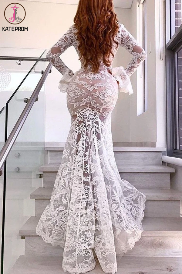 Long Sleeve Trumpet Mermaid Deep V Wedding Dress With Lace Sexy Wedding Dress KPW0606