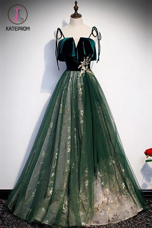 Spaghetti Straps Tulle Lace Green Prom Dress, Floor Length Lace Up Formal Dress KPP1141