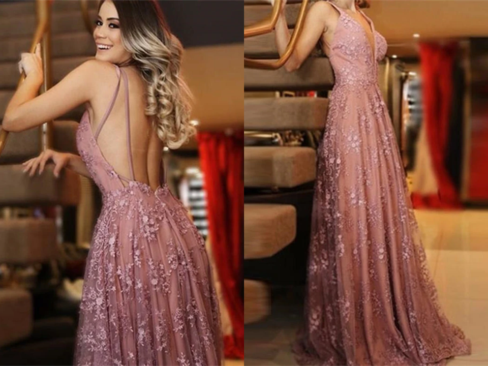 Glamorous Lace Prom Dresses A line Backless Appliqued Gowns KPP1449