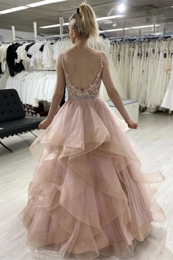Pink Sleeveless A Line Tulle Lace Sweet 16 Dress Prom Dress KPP1479