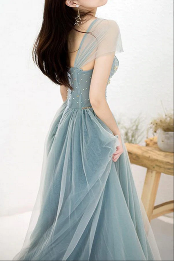 Dusty Blue Tulle Beaded Off the Shoulder Long Prom Dresses, Formal Dress KPP1548