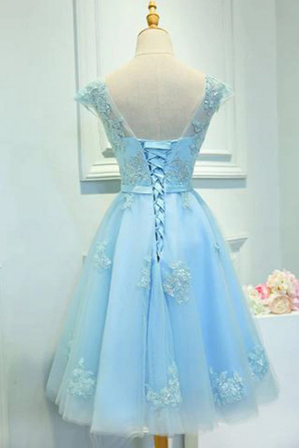 Light Blue Capped Sleeve Short Prom Dress, Mid Back Appliques Homecoming Dress KPH0604