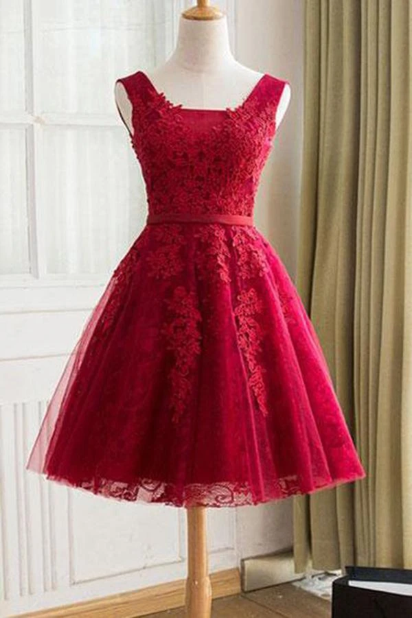 Cute A Line Red Sweetheart Lace Appliques Sleeveless Lace up Homecoming Dresses KPH0554