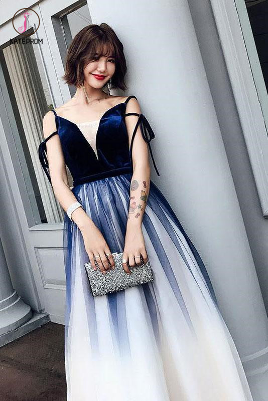 Blue Ombre Long Tulle Prom Dress, Unique V Neck Sleeveless Party Dresses, Dance Dress KPP0828