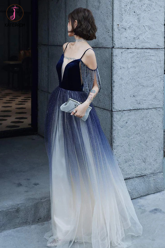 Blue Ombre Spaghetti Straps Long Prom Dress with Tassels, Unique Evening Dress KPP1290