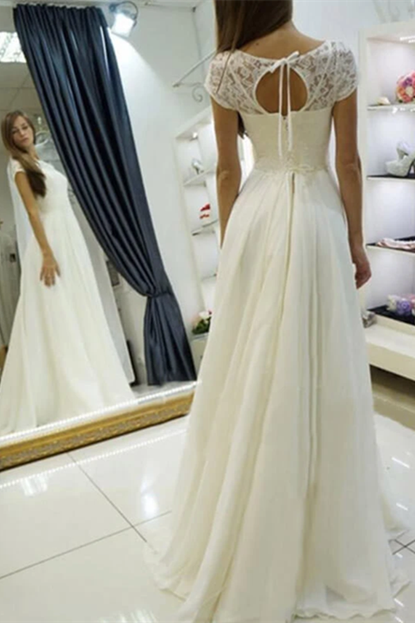 Simple A Line Long Chiffon Wedding Dresses with Lace KPW0677