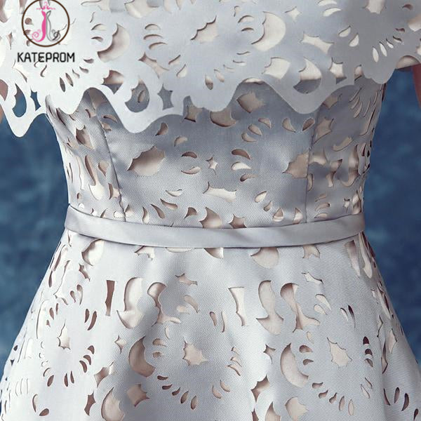 A Line Off the Shoulder Silver Gray Homecoming Dress, Short Off Shoulder Prom Gown KPH0360