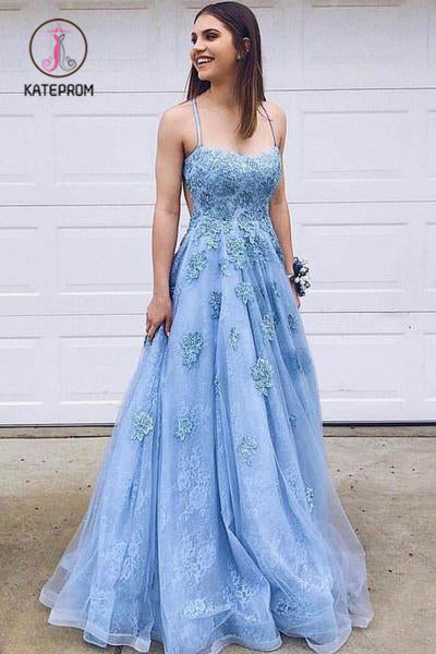 Blue Lace Tulle Spaghetti Straps Long Prom Dress, Evening Dress With Lace Applique KPP1011