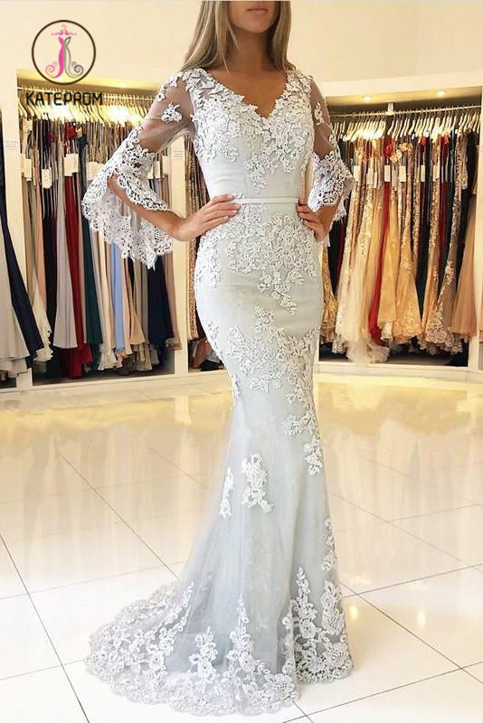 White V Neck Long Prom Dress, Mermaid Lace Appliqued Evening Dress with Sleeves KPP0962